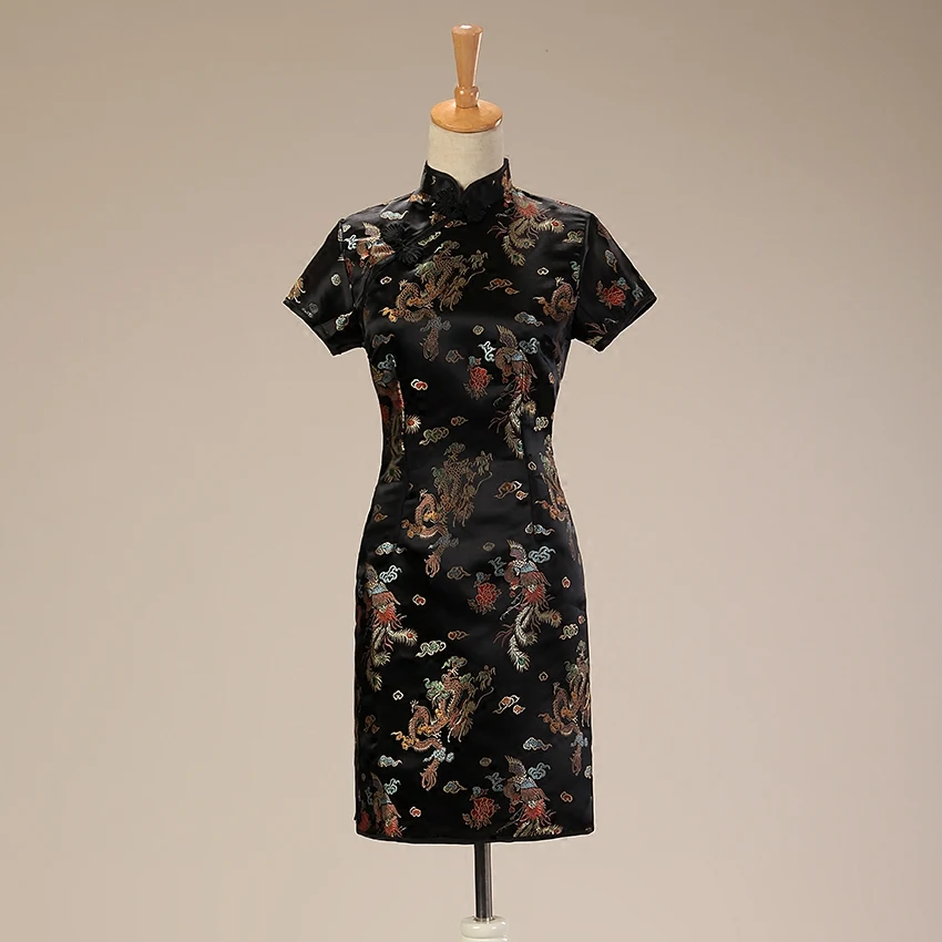 Высококачественное черное китайское атласное женское мини платье Ципао Размеры