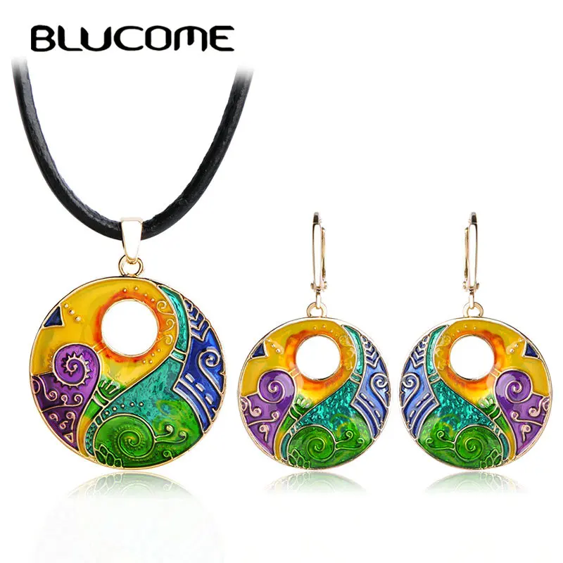 Blucome Colorful Big Round Necklace Earrings Set Rope Chain Choker Pendant Long Drop Pendientes Women Girls Enamel Jewelry Sets|enamel jewelry