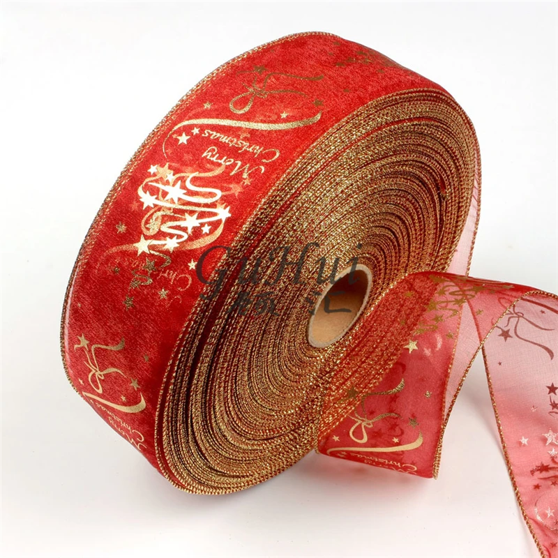 10 метров лента из органзы с рисунком рождественской елки | Дом и сад