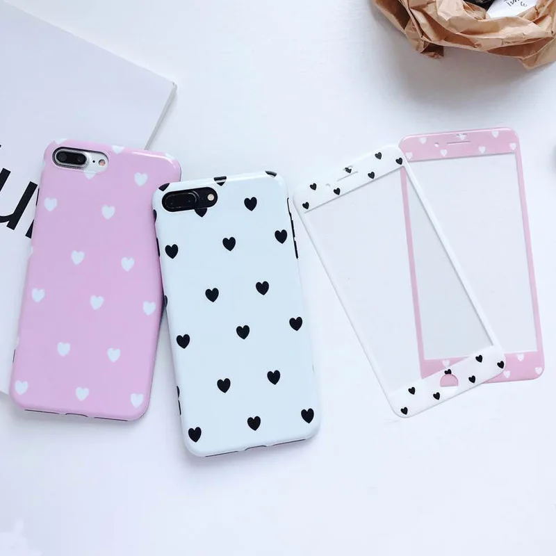 For iPhone 8plus Love Heart Soft case &amp Tempered Glass Screen film X 7 7Plus 8 6 6S 6Splus Retro Back cover |