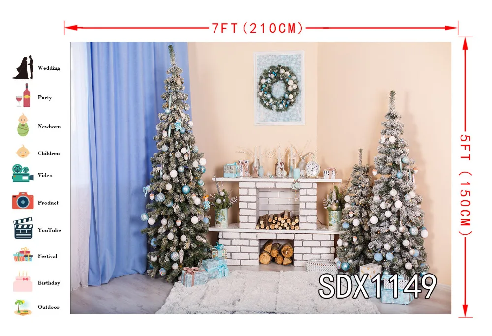 LB 210X150 см Виниловый фон для фотосъемки рождественские деревья венок и камин декор