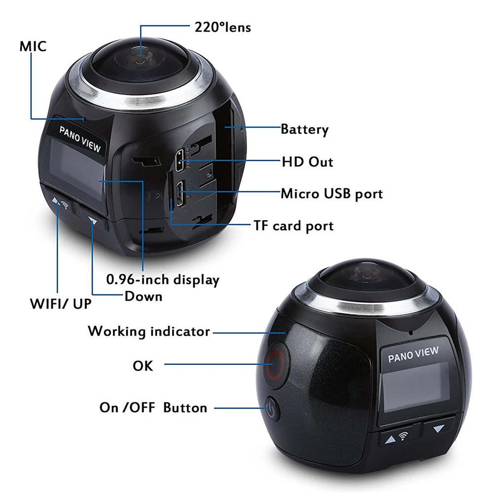 YIXIANG V1 wifi 3K 30FPS 16MP Спортивная Экшн-камера 360 градусов ультра HDMI HD Выход мини Панорамное видео 3D VR камера с мультом