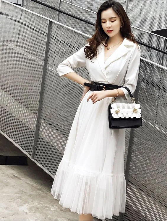 white half sleeve Весна осень сексуальное Сетчатое лоскутное женское элегантное платье с зубчатым вырезом длинное платье с поясом высокое качество женское платье - Цвет: white half sleeve