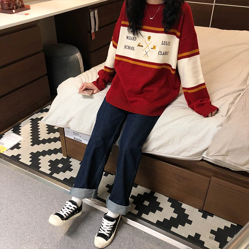 

3 colors 2018 autumn and winter korean style o neck loose letter stripe knitted warm sweaters womens pullovers womens (X125)