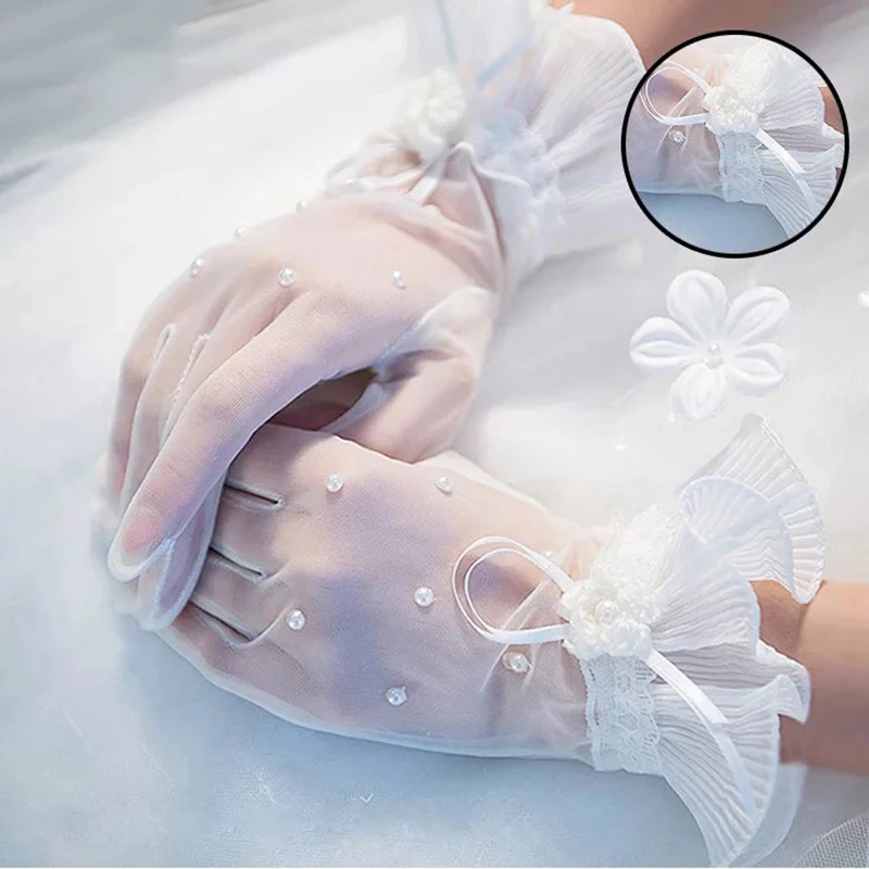 Перчатка Свадебная Женская длиной до запястья с жемчужинами и оборками | Свадьбы