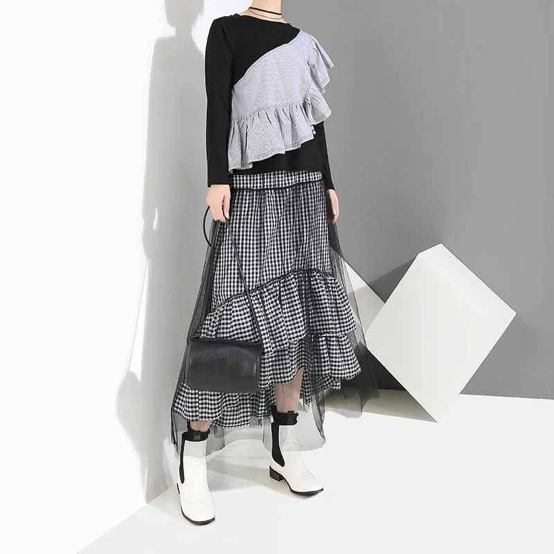 Новинка 2018 г. корейский стиль Для женщин пуловеры черный Свитшот с оборками сшиты