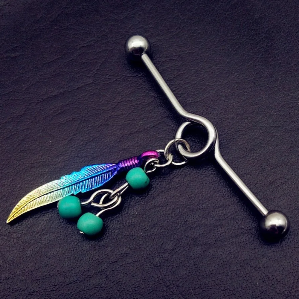 

1PC Long Stainless Steel Industrial Piercing Ear Cartilage Straight Bar Jewelry with Feather Pendant Earring Ear Barbell Jewelry