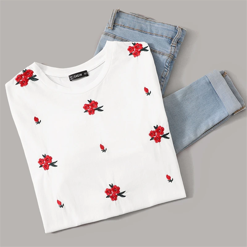 SHEIN Футболка С Цветочной Вышивкой И Оборками Весенняя Современная Женская Футболка С Круглым Вырезом