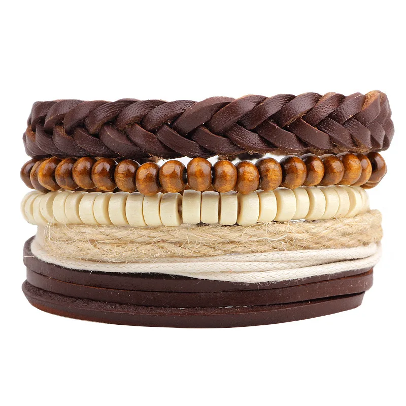 4pcs/set Handmade Hippie Punk Brown Macrame Leather Rope Cord Beige Wood Bead Charm Stackable Wrap Layers Bracelets for Man