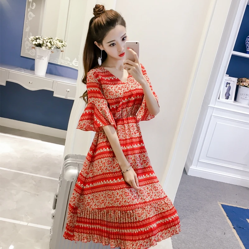 Летнее женское платье расклешенными рукавами v-образным вырезом Цветочные