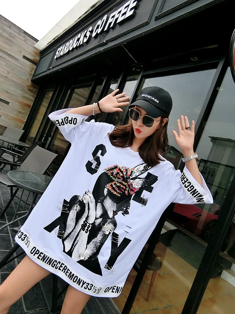 Women Cartoon Character Letter Printing T-Shirt O-Neck 3/4 Sleeve Long Tops Novelty Back Mesh Spliced Hollow Out Summer Pullover | Женская