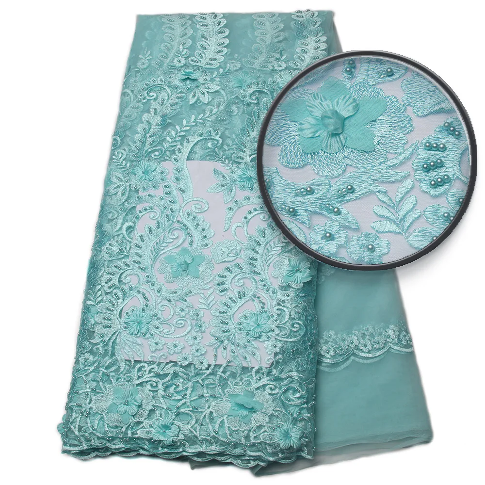Бирюзовая 3D Цветочная ткань тюль африканская кружевная ручной работы из бисера