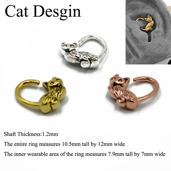 Cat Desgin 1 шт ухо trague спирали серьги, Надеваемые На ушной хрящ для кошка пижамы для малыша, сова, луна, Jaguar дизайн Daith сердце гибкие Бесшовные Кольцо Для Пирсинга Носа 16g - Окраска металла: Cat Desgin