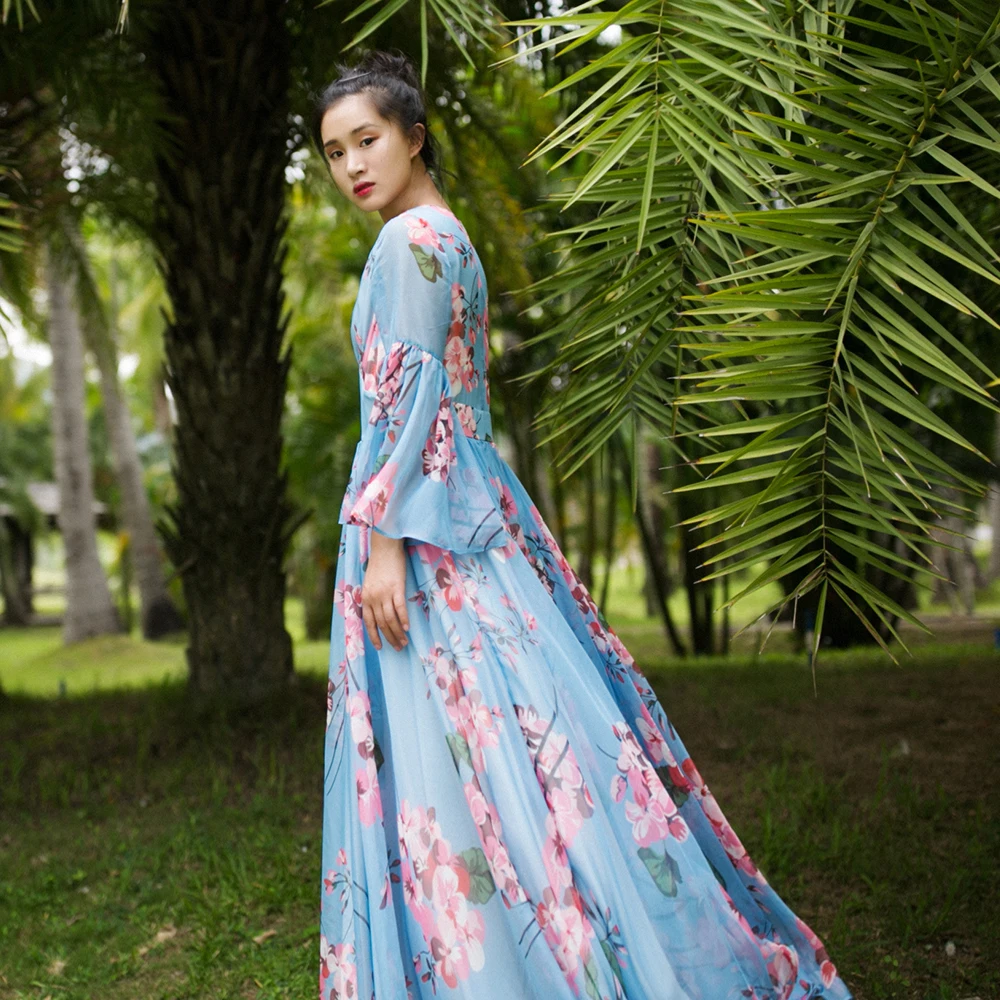 Женское винтажное шифоновое платье макси с v образным вырезом и расклешенными