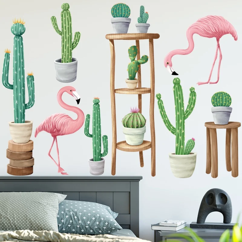 Flamingo Cactus Potted Plant Wall Stickers Living room Bedroom Kids Home Decor Vinyl Decals Removable PVC Art Murals | Дом и сад