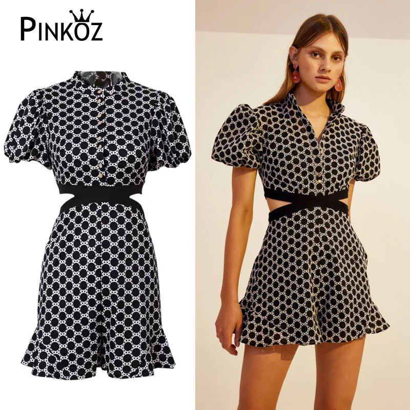 Pinkoz Short Sleeve Hollow Jumpsuit Puff Sleeve Polka Dot Jumpsuit Slim Sexy New Runway Design Playsuit Rompers Overalls