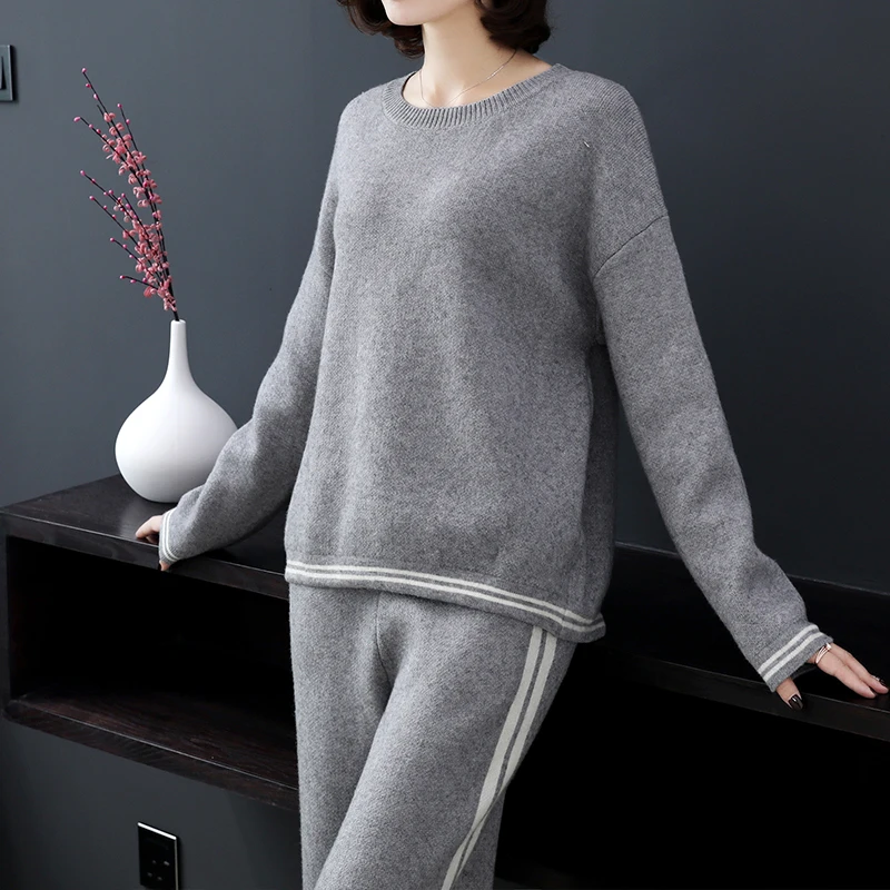 Women sweater suit and sets Casual Knitted Sweaters Pants 2PCS Winter Ladies Trousers+Jumper Tops Clothing Set | Женская одежда