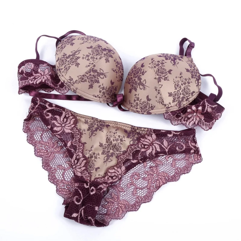 

Floral Print Lace Push Up Bra For Women 3/4 Cup B C Cup Underwire Sexy Romantic Lingerie Underwear Bra&Brief Set