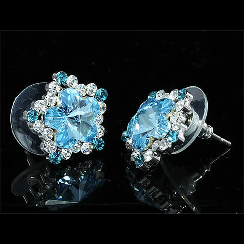 Серьги пусеты с павлином звездочкой Аква синим цветком австрийскими кристаллами