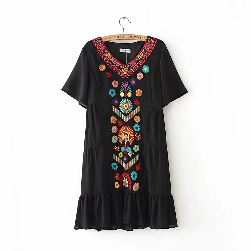 Женское шифоновое платье с вышивкой и V образным вырезом коротким рукавом|vestidos