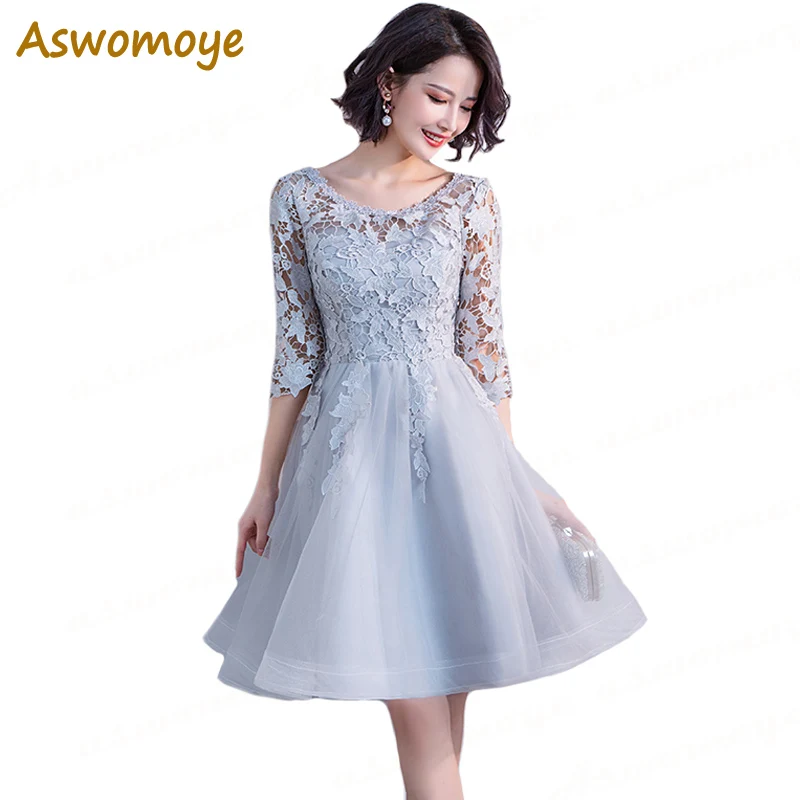 

Женское серебристое короткое вечернее платье Aswomoye, новинка 2018, стильное иллюзионное платье для выпускного вечера с круглым вырезом и рукавом до локтя