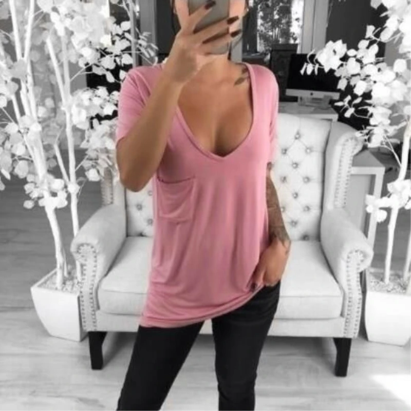 Женская футболка с глубоким v образным вырезом Повседневная однотонная