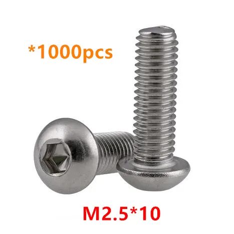 

1000pcs M2.5*10 Hex Socket Button Head Screws A2-70 Stainless steel Round head Mushroom Bolts ISO7380
