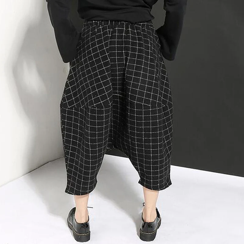 Женские шерстяные клетчатые мешковатые шаровары в стиле хип-хоп широкие брюки