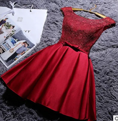 wine red Новые короткие вечерние платья из сатина с кружевами и цвет красного вина серый ТРАПЕЦИЕВИДНОЕ ПЛАТЬЕ невесты Вечерние торжественное платье Встреча выпускников/корпоративы Выпускной платья Robe De Soiree платье вечерне - Цвет: wine red