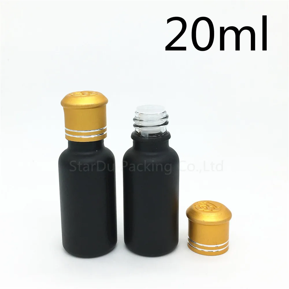 

200pcs 20ML Black Frosted Glass Bottle 20ml Vials Essential Oil Bottle With Gold Cover Perfume Bottles