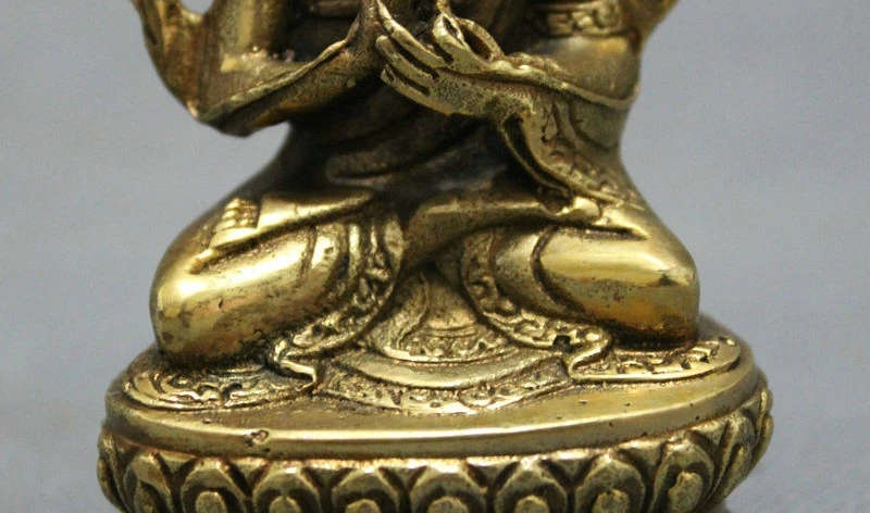 Тибетский буддизм Чистая латунь защита Lotus Tsongkhapa Будда Joss статуя сиденья | Дом и