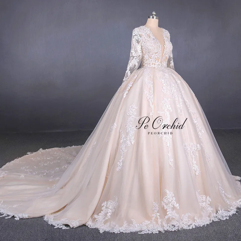 PEORCHID 2019 Luxury Champagne Wedding Dress Applique Lace With Sleeves Long Train Vintage Bridal Dress Ball Gown For Bride
