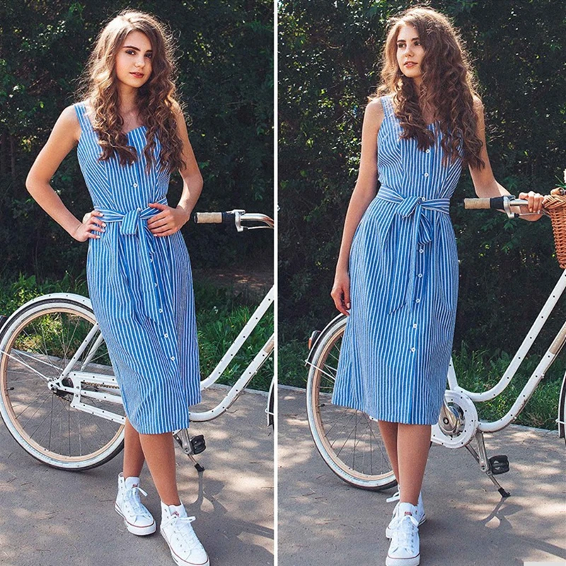 Vestidos 2019 женские платья весна лето платье женское без рукавов Полосатое с принтом