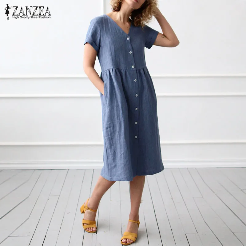 Летнее платье женское повседневное одноцветное Vestidos ZANZEA дамское хлопковое льняное платье на пуговицах вечерние платья до середины икры размера плюс