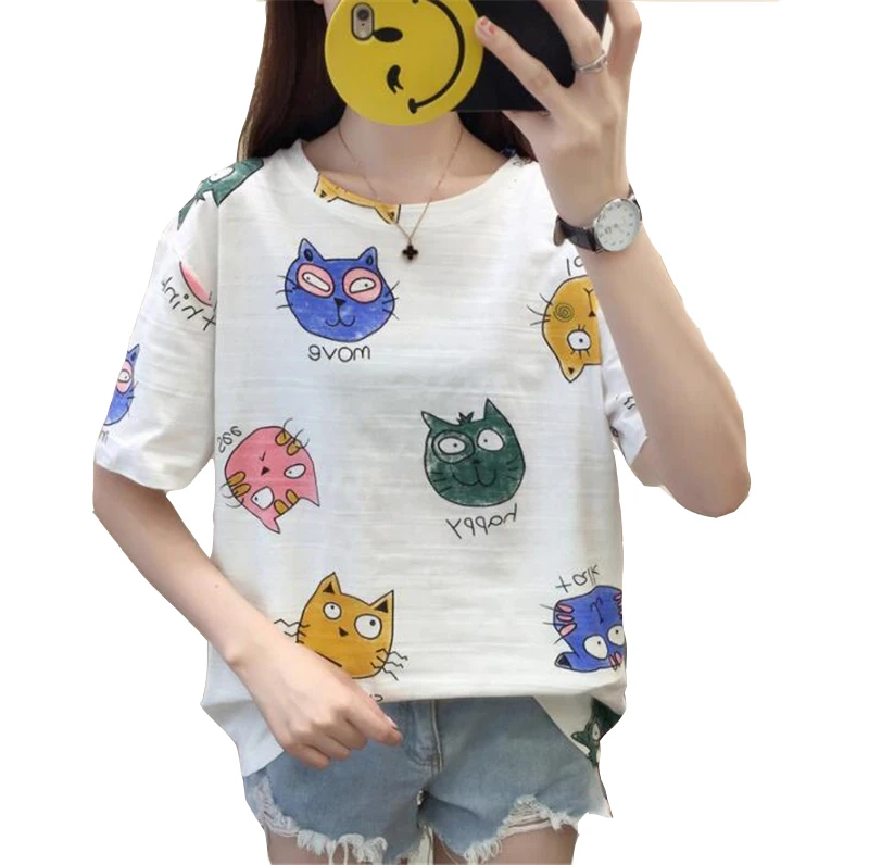2019 летняя новая женская футболка свободная с круглым вырезом и принтом котенка