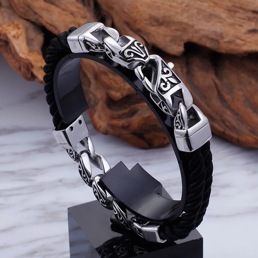 

11mm Hip-hop Stainless Steel Silver Color Curved Curb Link Chain Bracelets For Men Black Rope Wristband Men's Jewelry 8.66" Hot