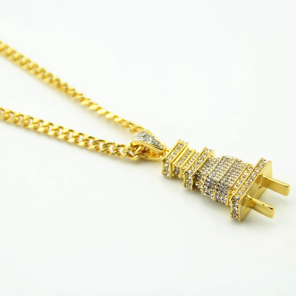 Iced Out Bling Plug Pendant Necklace Gold Silver Color Charm Micro Pave Full Rhinestone Hip Hop Jewelry | Украшения и аксессуары