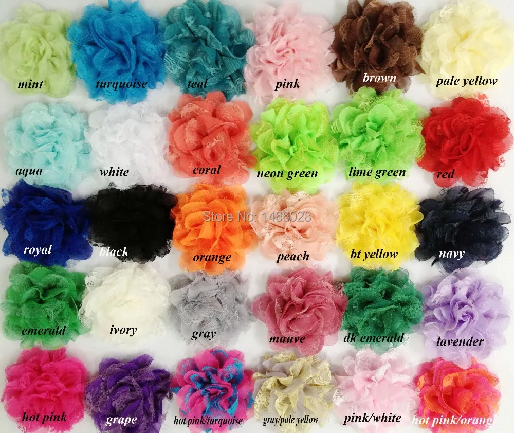 

60 pcs/lot , kids hair accessories 3.75'' chiffon lace flowers 70 colors
