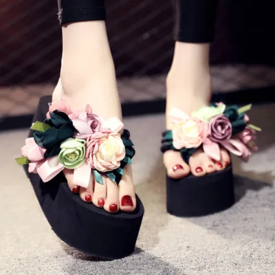 Pink 8cm High Летние шлепанцы на высоком каблуке 6-11 см богемные вьетнамки на толстой подошве с цветами Нескользящая пляжная обувь на рифленой подошве пляжные сандалии шлепанцы - Цвет: Pink 8cm High