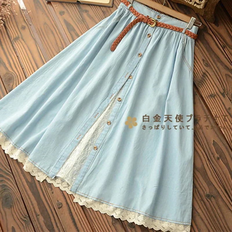 Женская джинсовая юбка с кружевом Mori Girl милая хлопковая многослойная до середины