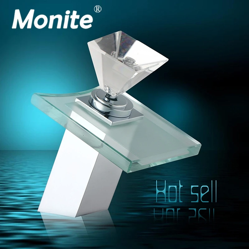 Monite, твердая латунь, квадратная ванная комната, водопад, стекло, хром, полировка, раковина, кран, на палубе, крепление, алмазная ручка, кран, смеситель