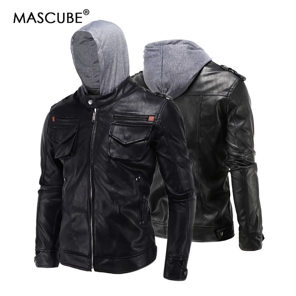 Мужские кожаные куртки MASCUBE с капюшоном черные мотоциклетные стильная модная