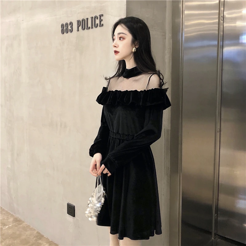 2018 осенние дамы черный Благородный милый маленький бархатное платье для