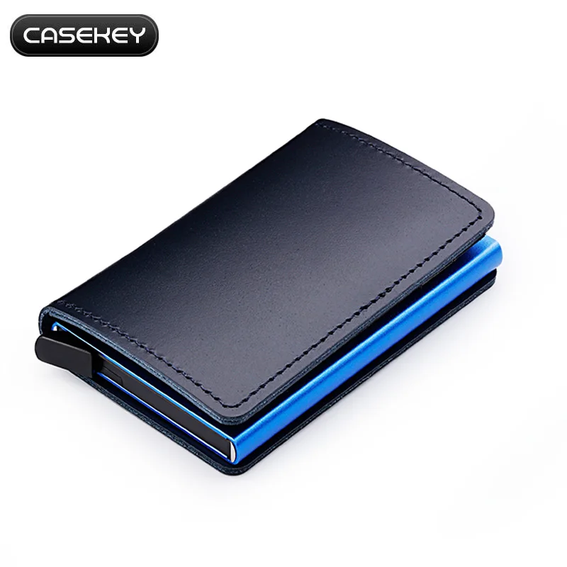 Casekey натуральный воск масло кожа кредитный держатель для карт алюминиевый кошелек из нержавеющей RFID Блокировка портмоне для деловых мужчин - Цвет: Blue-Blue
