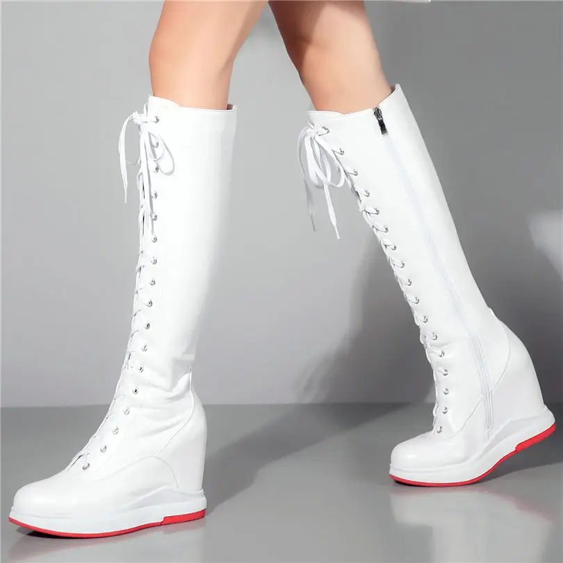 Thigh High Boots Women Genuine Leather Lace Up Knee High Booties Wedges High Heel Tall Shaft Punk Sneakers Winter Punk Creepers