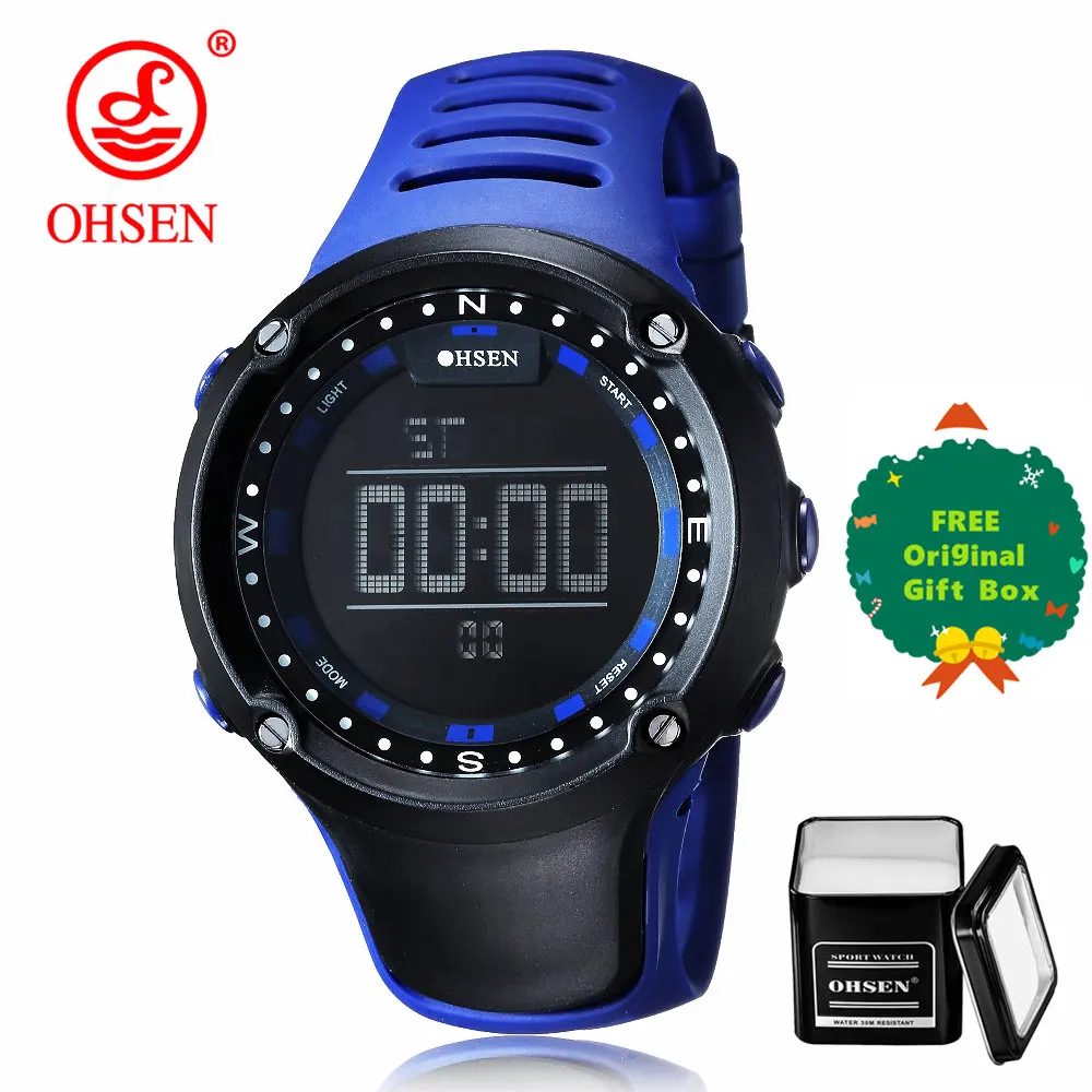 blue and gift box OHSEN, водонепроницаемые мужские спортивные часы, модные, повседневные, светодиодный, цифровые, для спорта на открытом воздухе, мужские часы, многофункциональные, для студентов, наручные часы - Цвет: blue and gift box