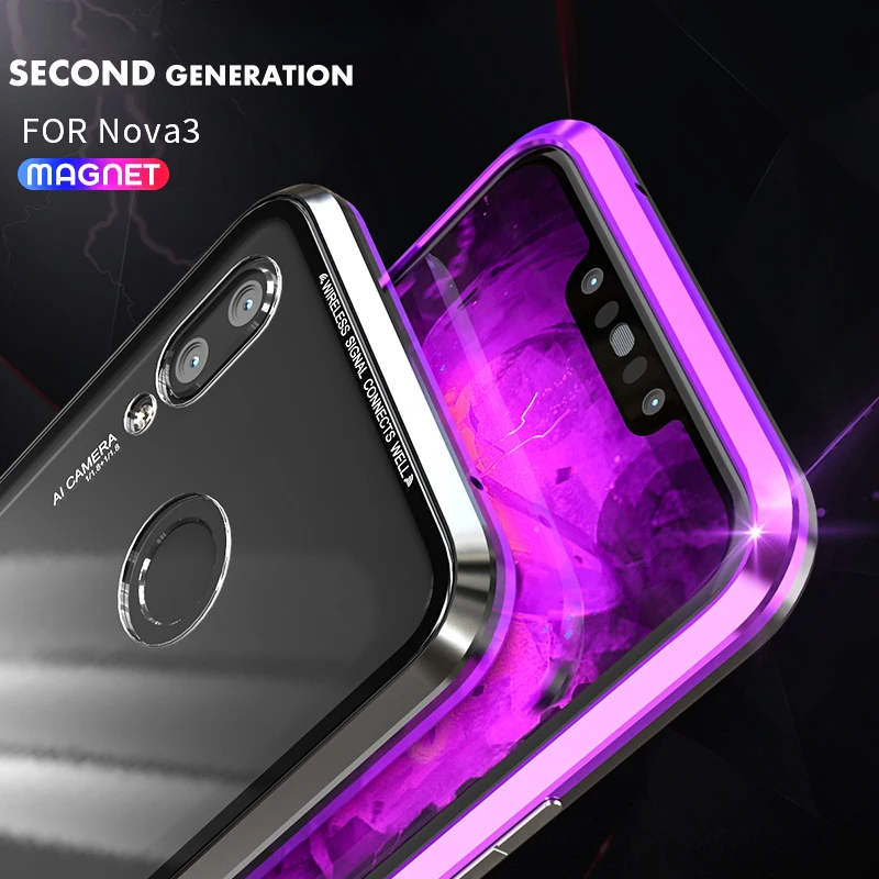 Роскошный магнитный Алюминиевый защитный чехол для huawei Nova 3 3i, металлический бампер, магниты, стеклянная крышка для huawei Nova 4 4e P20 lite P20pro