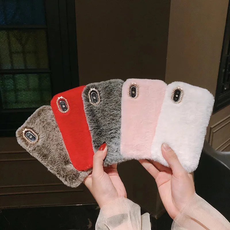 Luxury Rabbit Fur Case for iPhone XS Max XR Bling Diamond Soft Furry Plush Girly Cover 8 7 6 6S Plus Winter Warm |