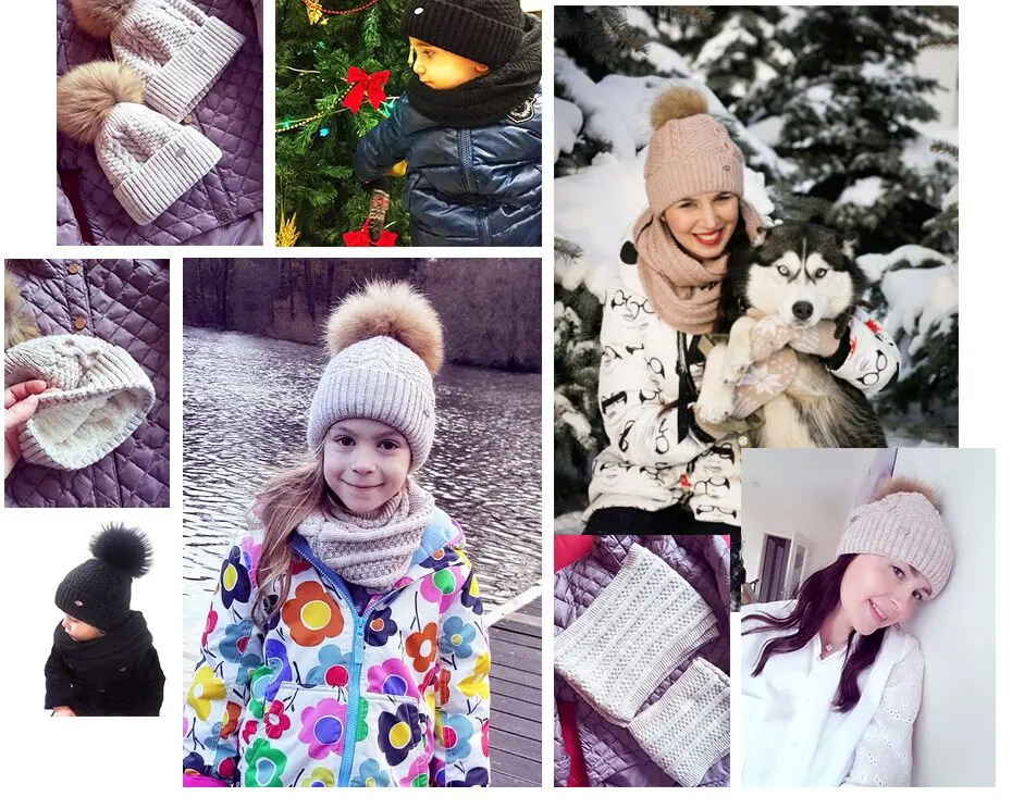 ENJOYFUR зимний шарф, шапка, набор для детей, девочек, женский шарф с шапкой из меха, помпон, родитель-ребенок, пара, семейные шапки для зимы