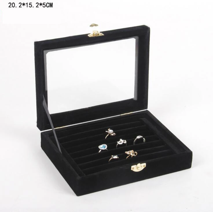 Black Ring box Разноцветные на выбор 24 Сетки бархатное стекло Ювелирное кольцо Дисплей Органайзер Коробка лоток держатель серьги чехол для хранения - Цвет: Black Ring box